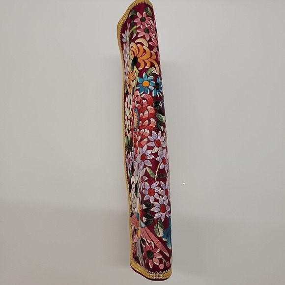 Vtg 60s Asian‎ Embroidery Purse Bag Clutch Red Silk Gold Birds Floral Colorful